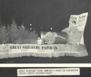 Miss Maine Mary Ellen St. John on the Great Northern Paper Float in the Cherry Blossom Festival Parade in Washington, DC on 4/1/1954