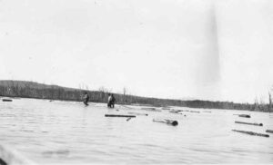 Three Men Poling Wood