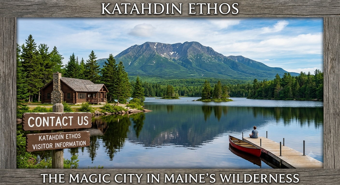 Mount Katahdin with its reflection on Ambajejus Lake and a man sitting on a dock